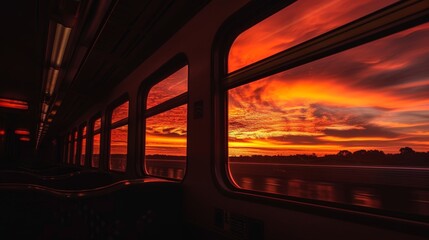 Orange and red clouds light up the sky behind the dark silhouette of the moving train.
