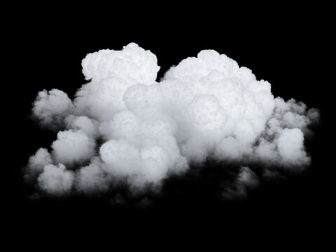 3d render, abstract white cloud clip art isolated on black background. Realistic sky design element