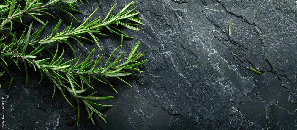 Poster top view of rosemary herbs on a dark stone background with ample copy space image.