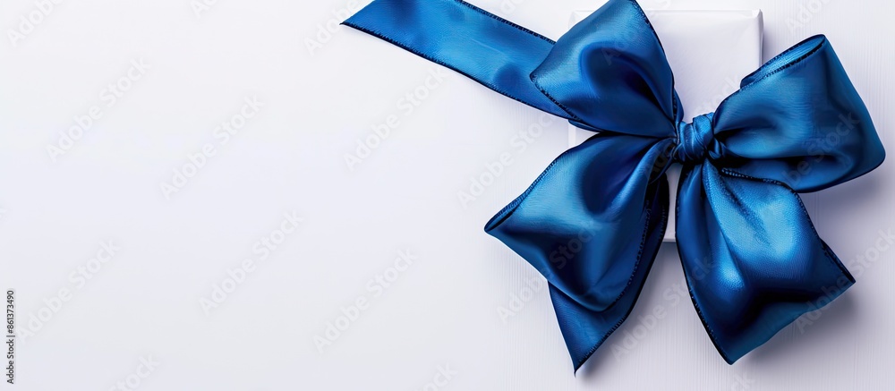 Poster a present with a blue bow tied elegantly with a satin ribbon, set against a white backdrop with copy