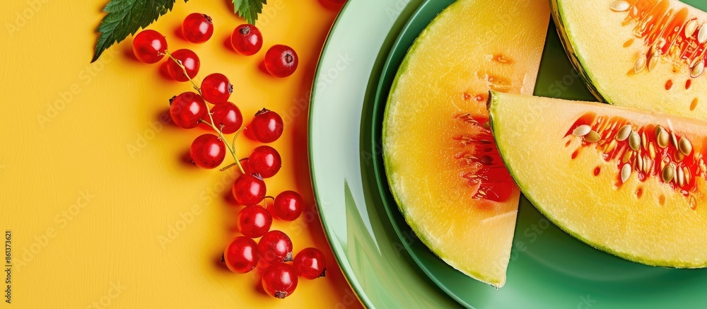 Poster melon slices with copy space image on yellow, skin melon on a green plate, rowan berries on a colorf