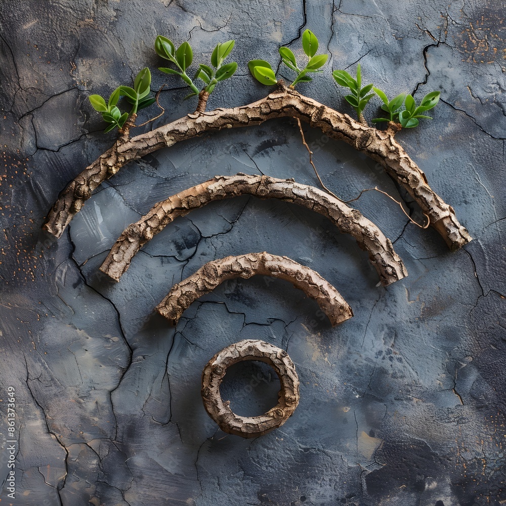 Poster intertwining tree branches forming wifi symbol representing natural connectivity concept
