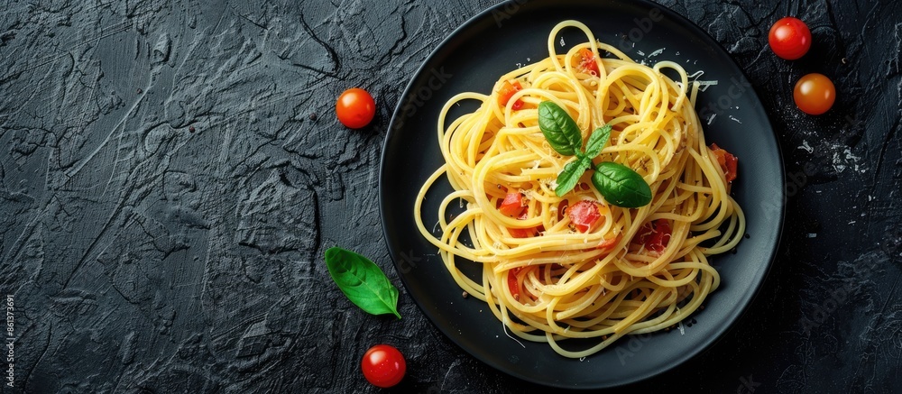 Poster Appetizing plate of spaghetti on a black stone surface with room for text in the image. copy space available