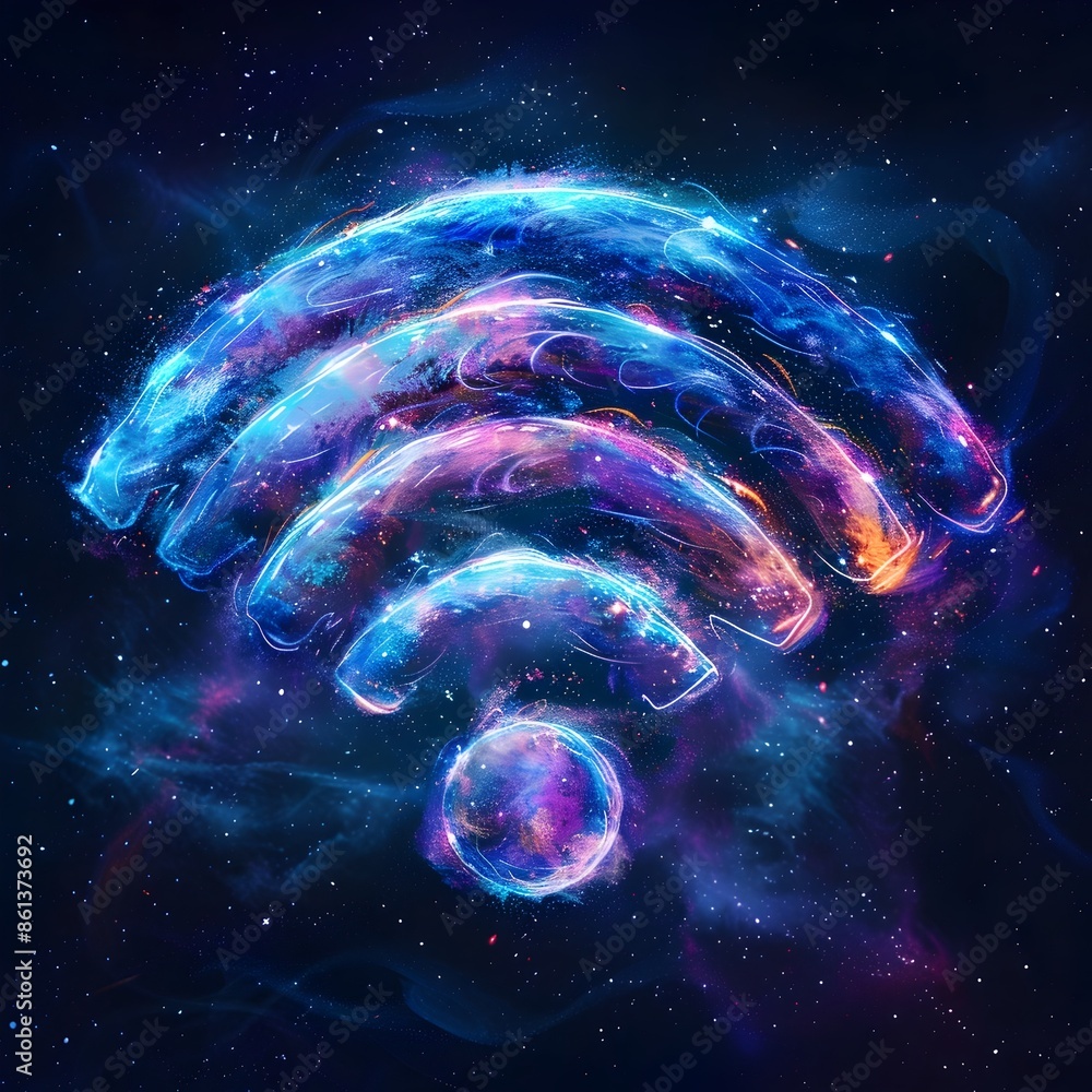 Poster cosmic wifi icon swirling galaxy patterns form wireless network symbol against cosmic backdrop