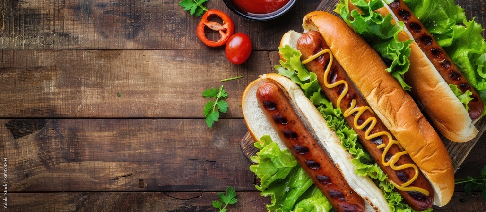 Poster view from above of a rustic table with a hot dog, having a healthy twist with sausage, lettuce, and 