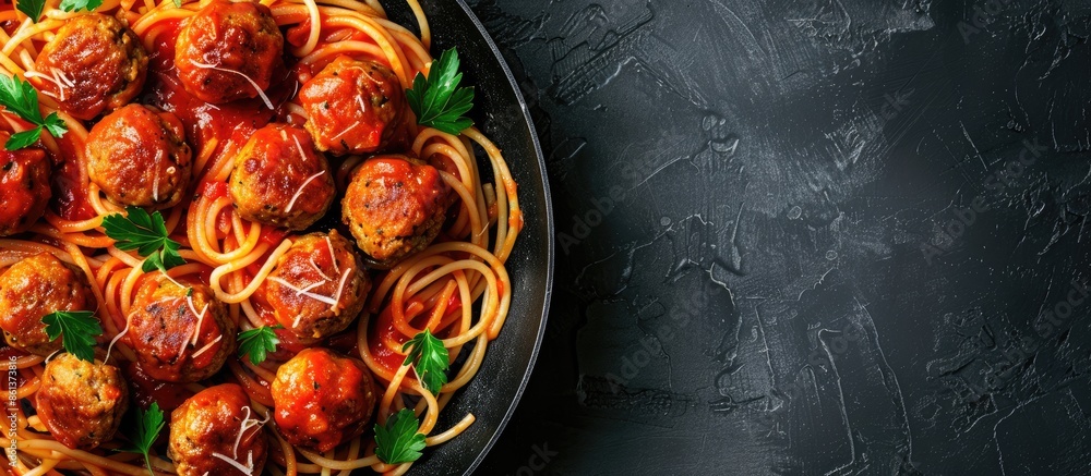 Aufkleber Top view of a frying pan containing spaghetti with meatballs in tomato sauce and parsley on a dark table background. Banner layout with copy space image included.