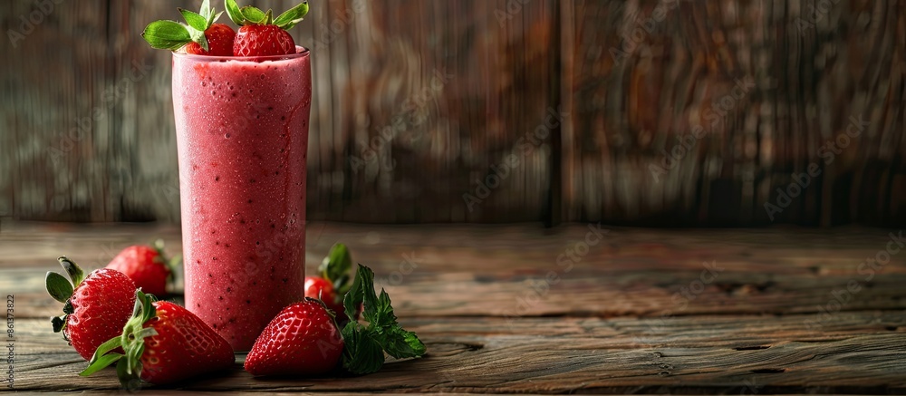 Poster image of a strawberry smoothie on a wooden surface with ample copy space.