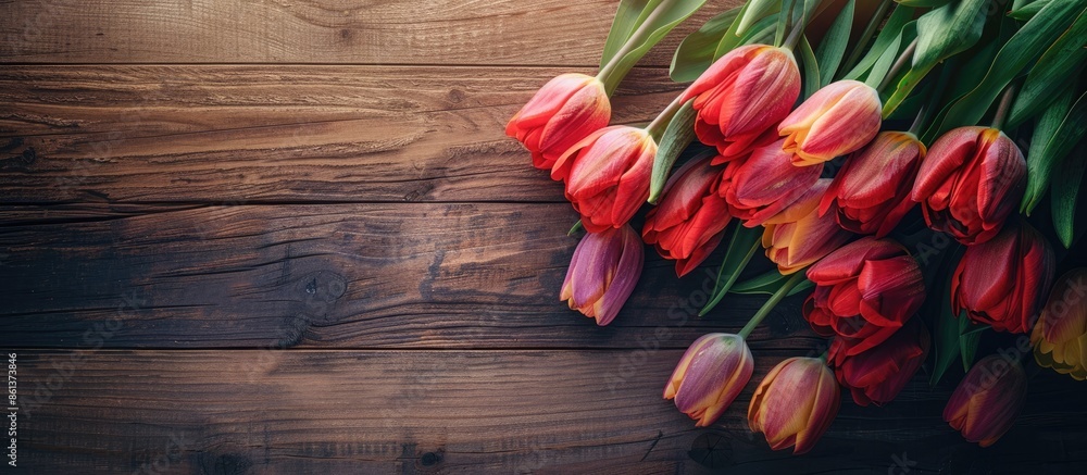 Poster tulips arranged on a table with a wooden background, providing a lovely copy space image.