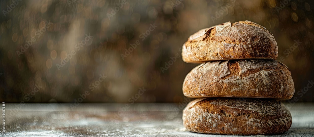 Poster Two rye bread loaves stacked on a table in a front view with copy space image.