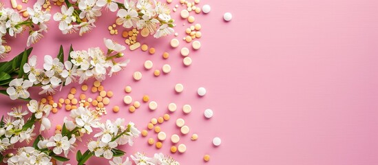Top view flat lay of vitamins pills and white flowers on a pink background with copy space image.