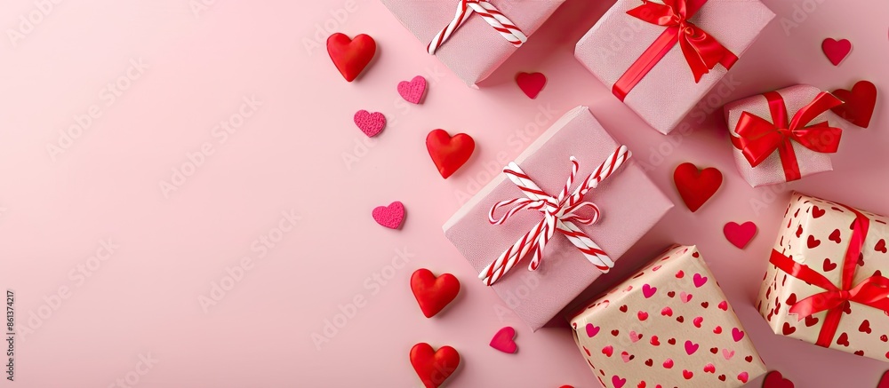 Poster pink background with gift boxes featuring red hearts and room for text in the image. copy space avai