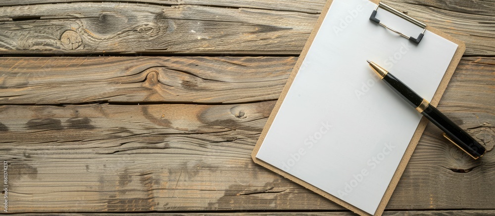 Leinwandbilder a pen placed on a clipboard, resting on a wooden table with blank paper, creating a simple yet elega