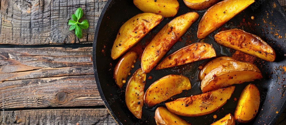 Poster Potato wedges cooked with spices in a frying pan with room for copy space image.