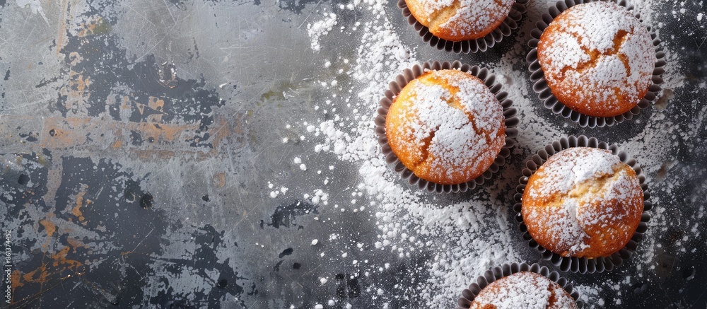 Aufkleber top view of muffins and powdered sugar on an old metal surface with a plain background for copy spac