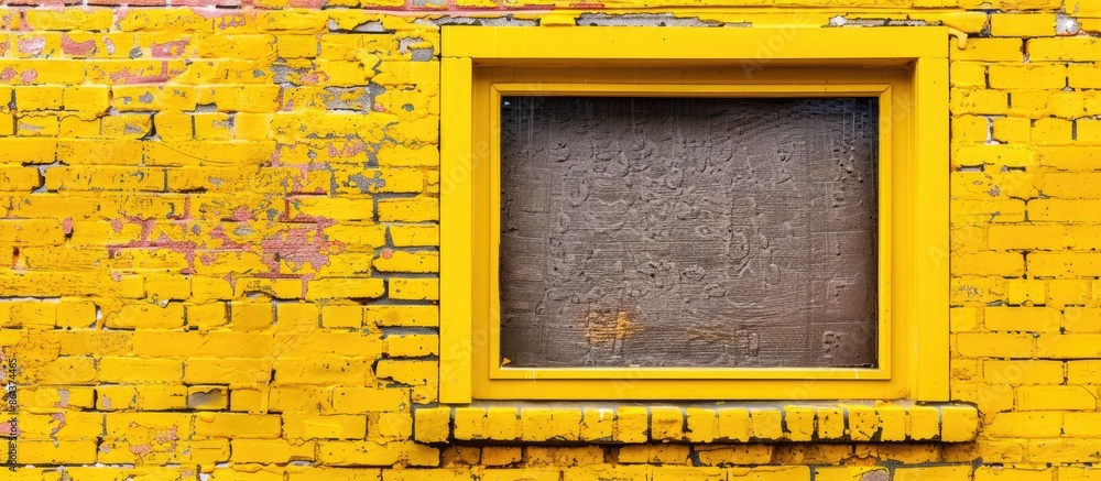 Poster empty brick wall with yellow frame and no individuals visible in a copy space image.