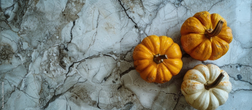 Aufkleber an overhead perspective showcasing two petite pumpkins displayed on a kitchen table, representing nu