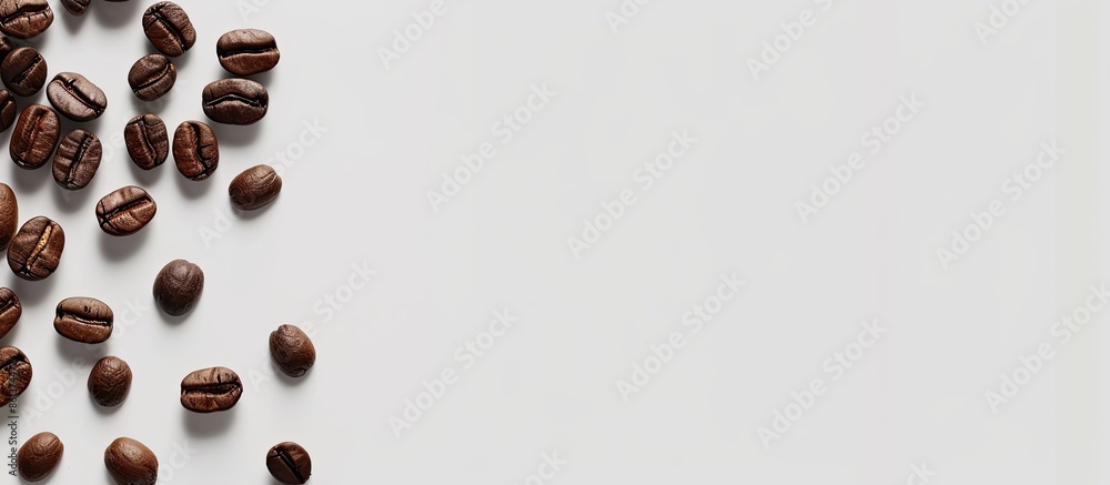 Poster top view of numerous roasted coffee beans on a white background, with ample copy space image availab