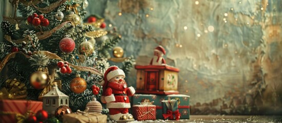 Vintage Christmas toys along with new year greetings and gift items are presented in the greeting card, showing a festive display with copy space image.