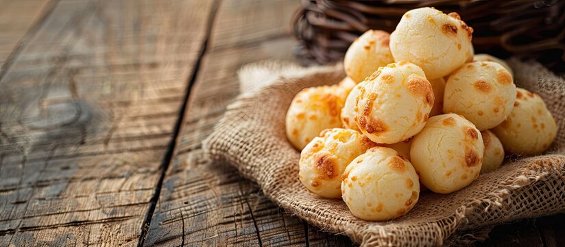 Brazilian snack, cheese bread (pao de queijo), on rustic sackcloth placed on a wooden table with selective focus for a copy space image.