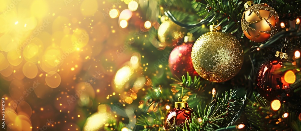 Poster close-up view of a christmas tree adorned with shiny gold and red ornaments, with an ideal space for