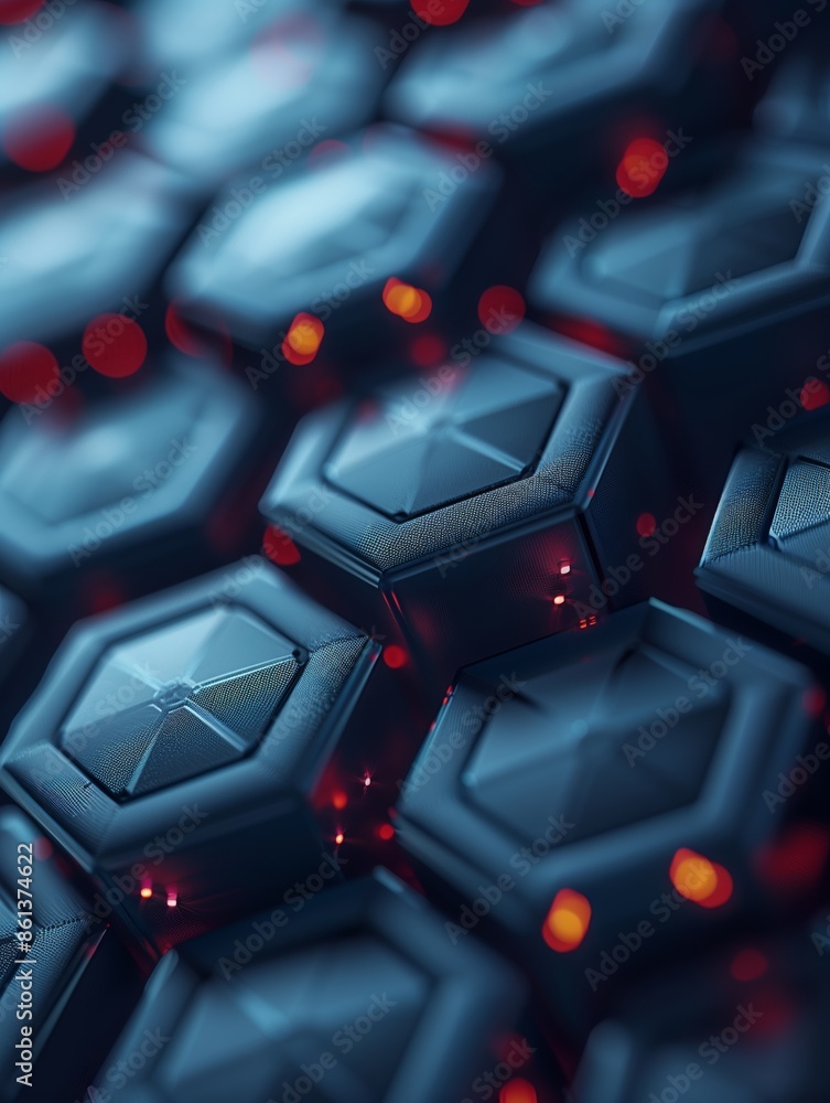 Poster close up of dark blue hexagonal pattern with red glowing lights