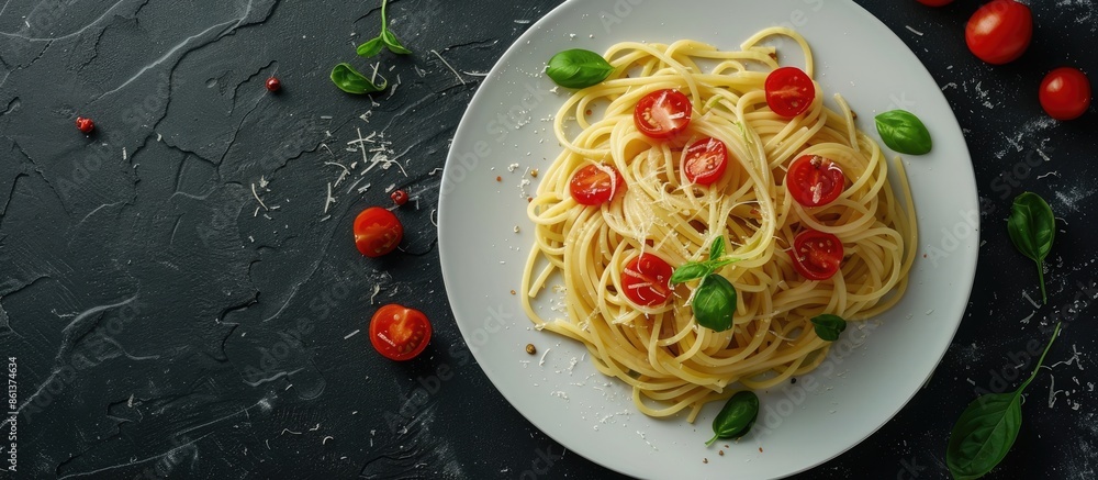 Poster Appetizing plate of spaghetti on a black stone surface with room for text in the image. copy space available