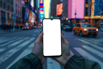Hands holding smartphone with blank screen on busy city street. Mobile phone with isolated display at night street, mock up for template