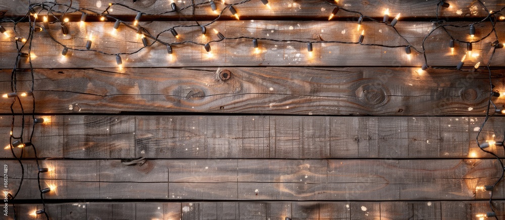 Poster Festive Christmas lights displayed on a rustic wooden backdrop, featuring ample copy space for text or images in the scene.
