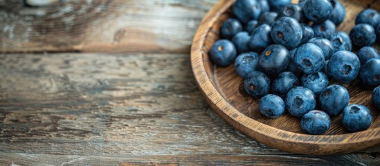 Fototapeta premium Top view of fresh blueberries on a wooden plate with a wooden table background, with copy space image.