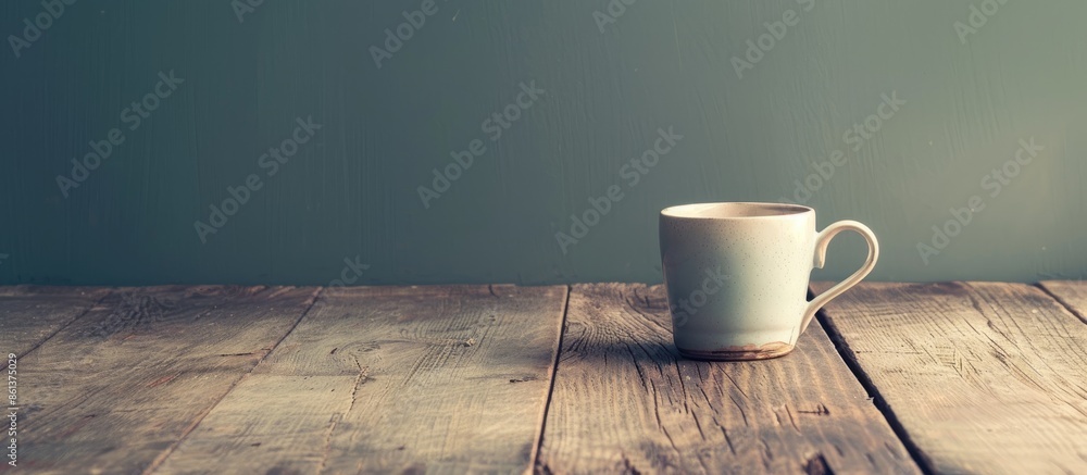 Poster An image with a vintage tone showing an empty coffee cup on a wooden table, with an unobstructed area for text or graphics. copy space available
