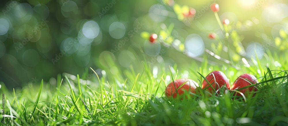 Aufkleber spring holidays concept with easter eggs resting on fresh green grass, presenting a picturesque scen