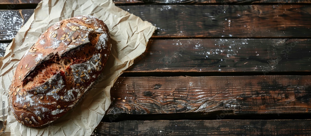 Poster horizontal image of a rustic homemade buckwheat bread on kraft paper against a dark old wooden backd
