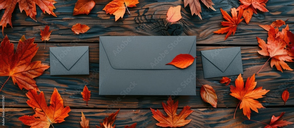 Poster top view of a greeting card mockup set against a wooden background adorned with autumn leaves, offer
