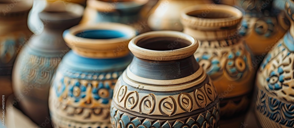 Poster handmade ceramic in traditional style pictured up close with soft focus, ideal for copy space image.