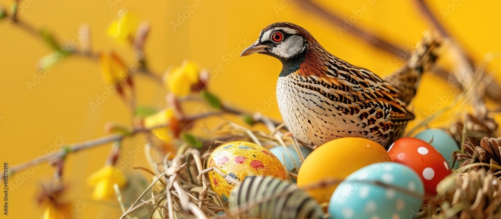 Aufkleber a quail with easter eggs in a yellow setting with copy space image.