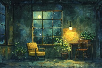 Obraz premium Rainy evening in a cozy reading nook with a vibrant yellow chair and lush greenery, evoking warmth and comfort, Concept of peaceful solitude and comfort amidst nature.