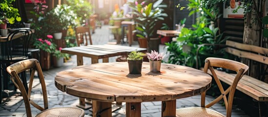 Obraz premium Round wooden table with chairs outdoors creating a home cafe ambiance with natural light and ideal for close-up shots, featuring copy space image.