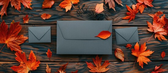 Top view of a greeting card mockup set against a wooden background adorned with autumn leaves, offering ample copy space image.