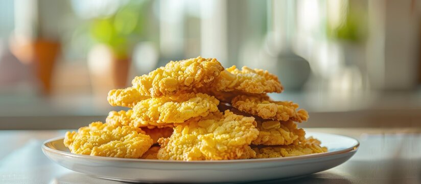 A plate with cornflake cookies arranged on it, with a blurred background to create a visually appealing copy space image.
