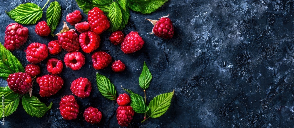 Poster concept of healthy eating and nutrition depicted in this image of vibrant red raspberries with green