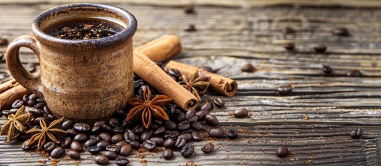 A coffee cup with coffee beans, cinnamon, and star anise on a wooden table background providing a rustic feel with copy space image available.