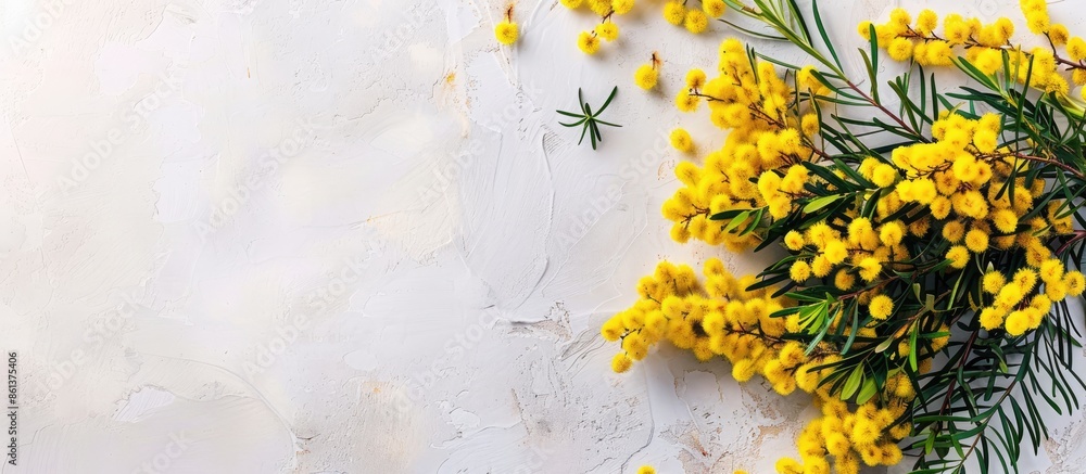 Aufkleber Spring table arrangement adorned with vibrant yellow mimosa flowers against a clean backdrop with ample copy space image.