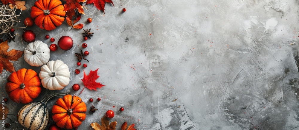 Poster thanksgiving-themed setup with pumpkins, leaves, and decor on a textured table in a top-down view, o