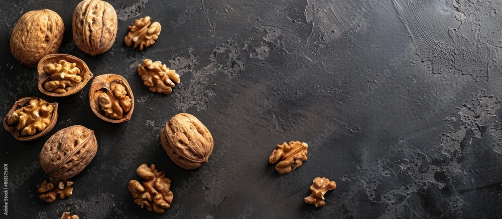 Poster Aerial view of shelled walnuts on a dark concrete surface with a single walnut and ample copy space on a dark backdrop for adding text next to it.