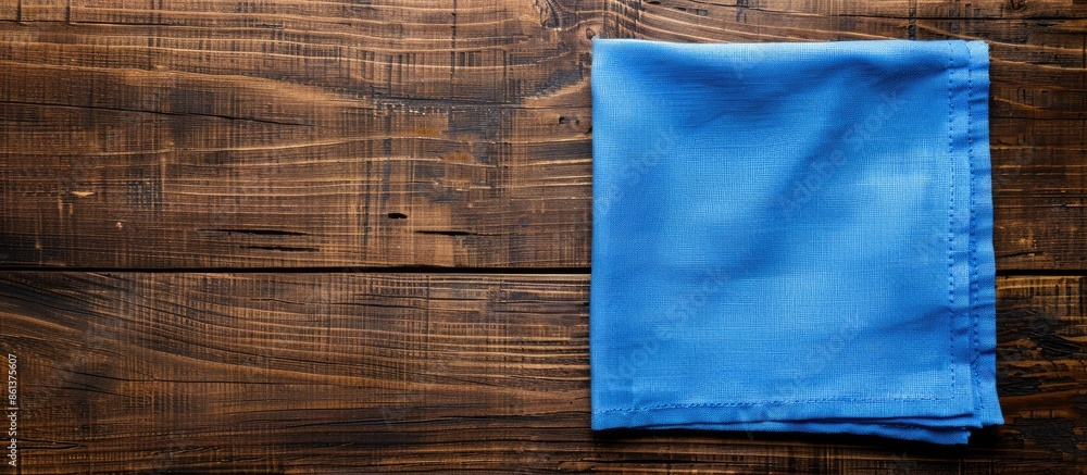 Poster minimal style top view of blue kitchen napkin folded on a table surface, providing a copy space imag