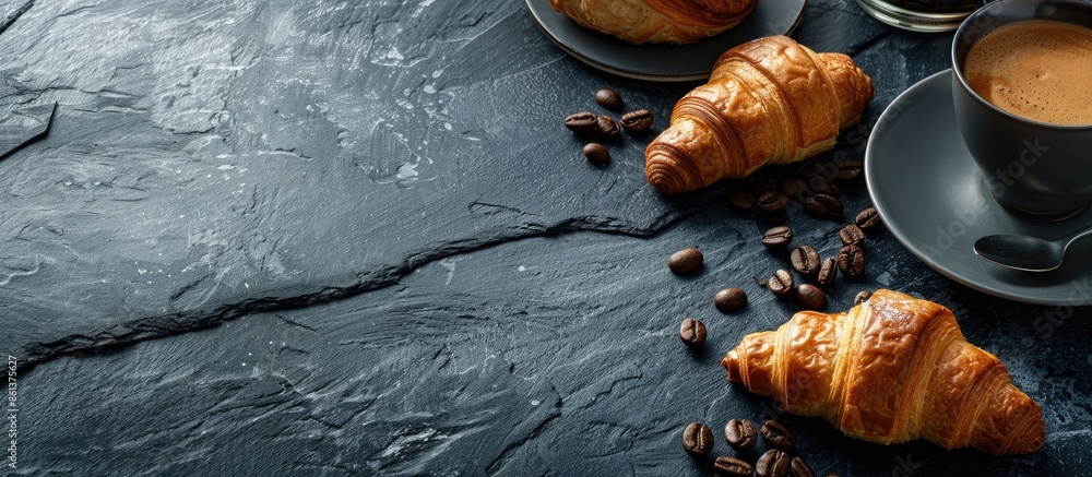 Poster croissants and coffee displayed elegantly on a textured stone table with ample copy space image.