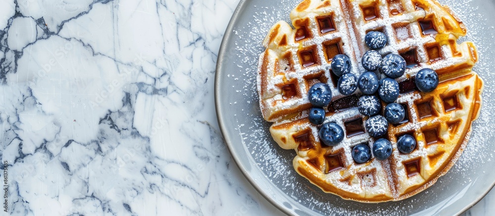 Poster tasty belgian waffle topped with blueberries, maple syrup, and powdered sugar on a marble background