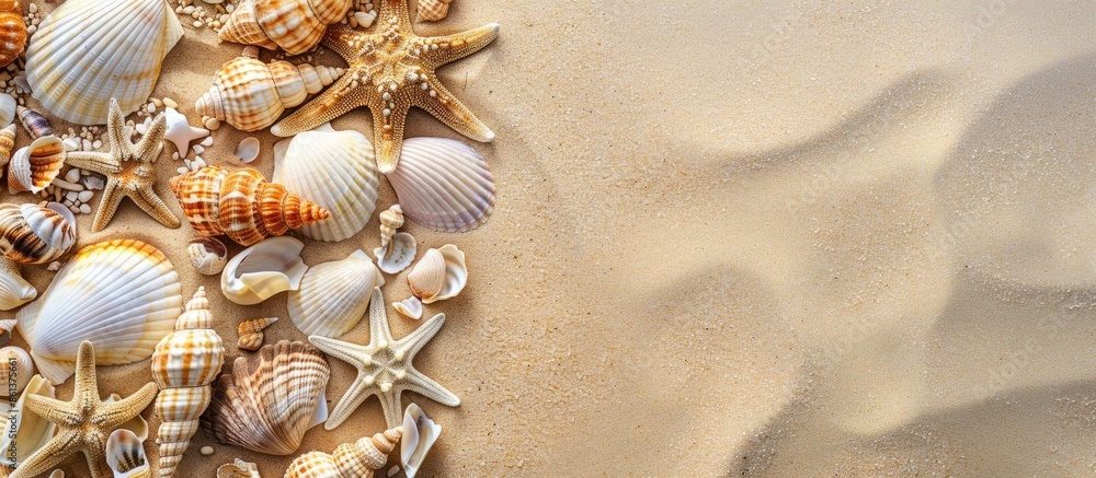 Poster Seashells and starfish border on sandy summer background with ample copy space image.