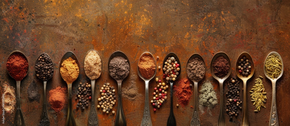 Poster Various spices on spoons set against a vintage backdrop, with ample copy space provided for your text in the image. Top-down perspective.