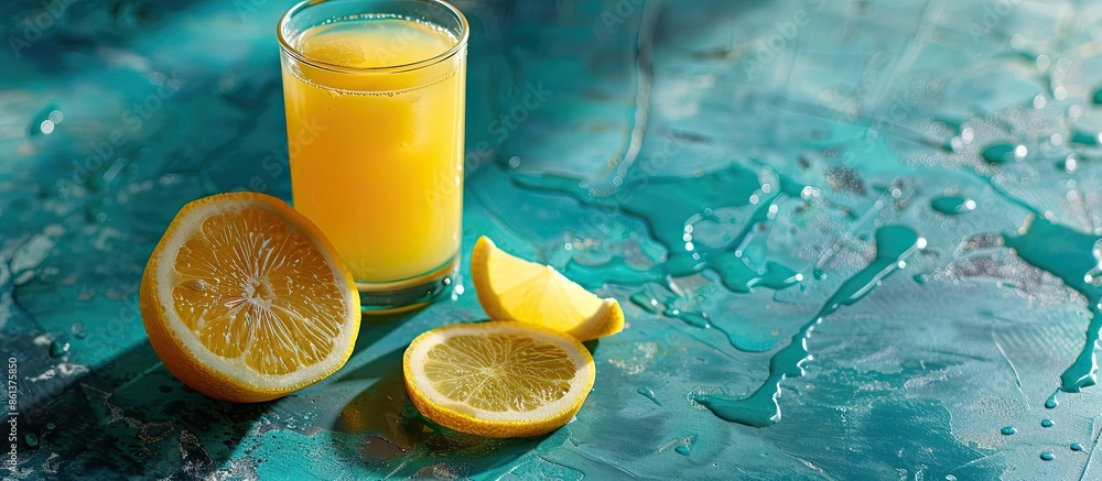 Poster freshly squeezed lemon juice in a glass on a turquoise stone or concrete table with copy space image